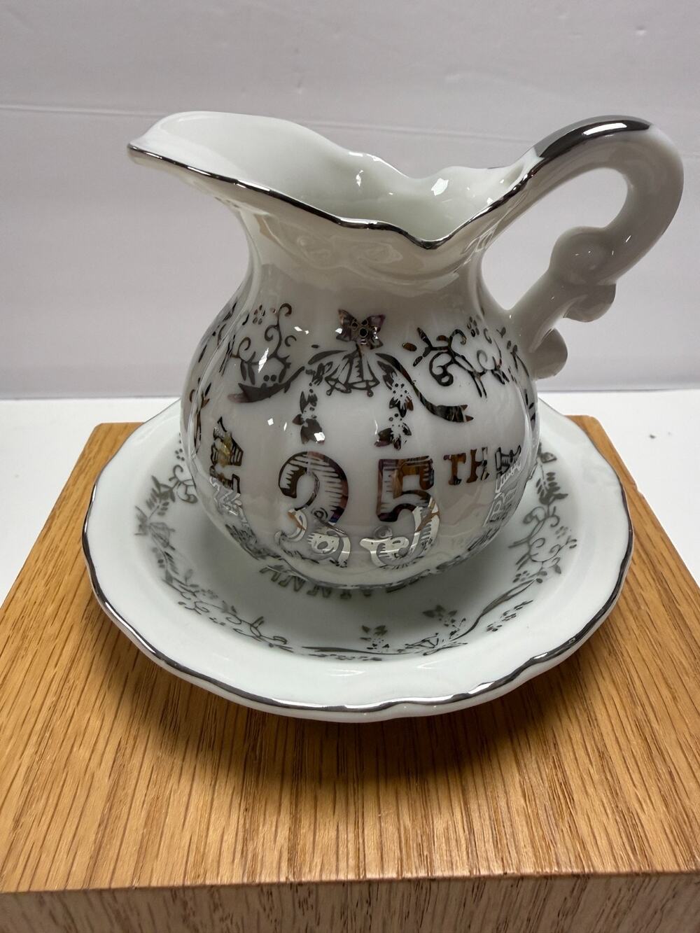 Lefton 25th Silver Anniversary Creamer Plate Set Japan Porcelain 909-7
